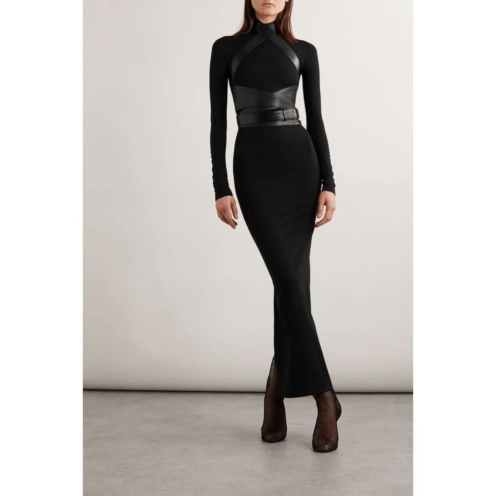 ALAÏA Belted leather-trimmed stretch-jersey turtleneck maxi dress FR 38/US 6 $38